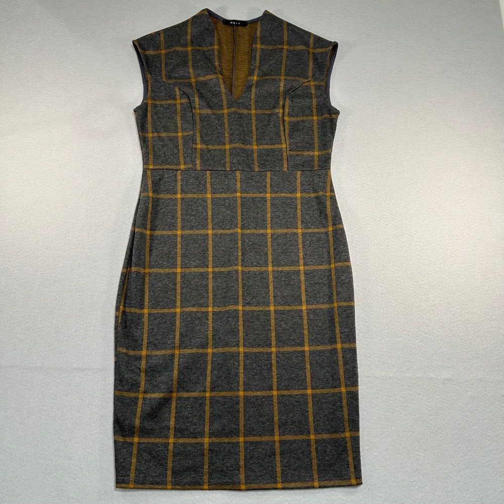 Maru Sheath Dress Womens XL Grey Yellow Plaid V-Neck Sleeveless Office Knee Midi